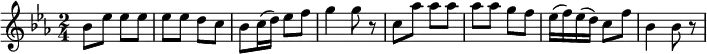 \relative a' {
\key ees \major
\time 2/4
\tempo ""
\tempo 4 = 90
bes8 ees ees ees
ees ees d c
bes c16 (d) ees8 f
g4 g8 r8
c,8 aes' aes aes
aes aes g f
ees16 (f) ees (d) c8 f
bes,4 bes8 r
}