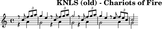 \header{tagline=##f title="KNLS (old) - Chariots of Fire"}
% https://www.intervalsignals.net/sounds/als-z-knls_anchor_point_ak_c1988.mp3
\score{
\relative<<{\cadenzaOn
  r8 c'' \tuplet 3/2{f[ g a]} \bar "|"
  g4 e r8*2/3 c \tuplet 3/2{f8[ g a]} \bar "|"
  g2*2/3 r8*2/3 c, \tuplet 3/2{f8[ g a]} \bar "|"
  g4 e r8*2/3 e \tuplet 3/2{f8[ e c]} \bar "|" c2
}\\{
  r4 a g2 r4*2/3 a4 g2*2/3 r4*2/3 a4 g2 s4*2/3 a4 g2
}>>
\layout{indent=#0 line-width=#120 }
\midi{\tempo 4=52 \set Staff.midiInstrument = "celesta"}
}
