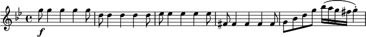 
\relative c''' {
  \set Score.tempoHideNote = ##t \tempo 4 = 240
  \key g \minor
  g8\f g4 g g g8 |
  d8 d4 d d d8 |
  es8 es4 es es es8 |
  fis,8 fis4 fis fis fis8 |
  g8 bes d g bes16( a g fis g4)-. |
}
