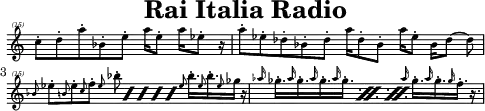 \header{tagline=##f title="Rai Italia Radio"}
% https://www.intervalsignals.net/sounds/ita-z-rai_international_220907.mp3
main = \relative{
  \clef "treble^(15)" \omit Staff.TimeSignature
  \time 17/16 \set Timing.beatStructure = 10,3,4
  c''''8-. d-. a'-. bes,-. e-. a16 e8-. a16 es8-. r16
  \time 23/16 \set Timing.beatStructure = 10,5,3,3,2
  a8-. es-. des-. bes-. des-. a'16 des,8-. bes-. a'16 es8-. bes16 des8~ 8
  \time 21/16 \set Timing.beatStructure = 6,10,5
  \grace{bes8}es-. \grace{b}es-. \grace{c}f-.
  \repeat percent 5{\grace{es}bes'-.}
  \grace{es,}bes'16.-. \grace{es,8}bes'16.-. \grace{es,8}ges16 r
  \time 12/8
  \repeat percent 3{\repeat unfold 4{\grace{as16}ges16.-.}}
  \repeat unfold 2{\grace{as16}ges16.-.} \grace{ges16}f16.-. r
}
\score{\main \layout{\context{\Staff \magnifyStaff 0.7}}}
\score{
\unfoldRepeats \main
\midi{\tempo 4=238 \set Staff.midiInstrument = "ocarina"}
}
\paper{indent=#0 line-width=#120
system-system-spacing = #'((basic-distance . 7))
}
