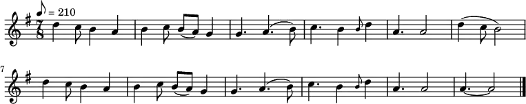  \relative c' {\key g \major \time 7/8 \tempo 8 = 210
d'4 c8 b4 a4 b4 c8 b8[( a)] g4 g4. a4. ( b8)  c4. b4 \grace b8 d4 a4. a2 d4 ( c8 b2)  d4 c8 b4 a4 b4 c8 b8[( a)] g4 g4. a4. ( b8)  c4. b4 \grace b8 d4 a4. a2 a4. ~ a2 \bar "|." }
