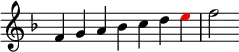 {
\override Score.TimeSignature #'stencil = ##f
\relative f' {
\clef treble \key f \major \time 7/4 f4 g a bes c d \once \override NoteHead.color = #red e f2
} }