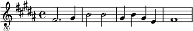 \header{ title = "Interval signal for Voice of the Strait" }

% https://www.intervalsignals.net/sounds/chn-vos_news_301113.mp3
{
  \clef "treble_(8)" \key b \major
  \set Staff.midiInstrument = "vibraphone"
  fis2.\omit\sustainOn gis4 b2 b gis4 b gis e fis1
}
\midi{\tempo 4=68}
