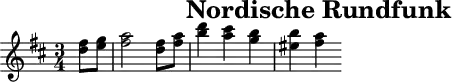 \header{tagline = ##f title="Nordische Rundfunk"}
% Mvt.1, b.425
% https://www.intervalsignals.net/sounds/ger-z-ndr_010156.mp3
main = \relative{
  \set Staff.midiInstrument = "oboe"
  \set midiMaximumVolume = #0.9
  \key d \major \time 3/4
  \partial 4 <fis'' d>8 <g e>
  <a fis>2 <fis d>8 <a fis>
  <d b>4 <cis a> <b g> <b eis,> <a fis>
}
acco = \relative{
  \set Staff.midiInstrument = "clarinet"
  \set midiMaximumVolume = #0.6
  \key d \major \partial 4 s4
  <a' fis>2 <fis d>8 <a fis>
  <d b>4 <cis a> <b g> <b cis,> <a d,>
  s8
}
\score{\main}
\score{
  <<\main \new Staff \acco>>
  \midi {\tempo 4 = 130}
}
