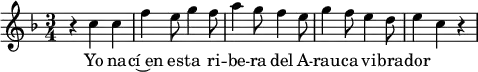 \header{ title = "Radio Nacional de Venezuela" }

% https://www.intervalsignals.net/sounds/ven-rnv_international_101008.mp3
\relative{
  \key f \major \time 3/4
  r4 c'' c f e8 g4 f8 a4 g8 f4 e8 g4 f8 e4 d8 e4 c r4 
}
\addlyrics{Yo na -- cí~en es -- ta ri -- be -- ra del A -- rau -- ca vi -- bra -- dor}
\layout{indent=#0 line-width=#120 }
\midi{\tempo 2.=72 \set Staff.midiInstrument = "synthbrass 2"}
