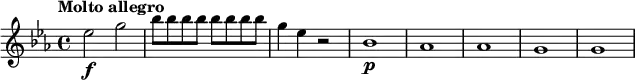 \relative c'' { \set Staff.midiInstrument = #"string ensemble 1"
\key es \major
\tempo "Molto allegro" \set Score.tempoHideNote = ##t \tempo 2 = 84
es2\f g |
\repeat unfold 8 { bes8 } |
g4 es r2 |
bes1\p | as | as | g | g |
}