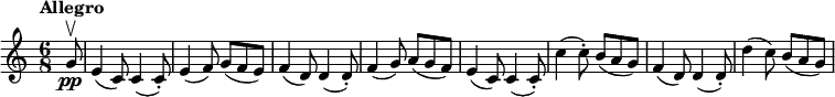 \new Staff {
\time 6/8
\clef treble
\set Score.tempoHideNote = ##t
\tempo Allegro 4. = 120
\transpose d c { \relative c'' {
\partial 8 a8\pp\upbow | fis4( d8) d4( d8-.) | fis4( g8) a( g fis) | g4( e8) e4( e8-.) | g4( a8) b( a g) |
fis4( d8) d4( d8-.) | d'4( d8-.) cis( b a) | g4( e8) e4( e8-.) | e'4( d8) cis( b a) |
} }
}