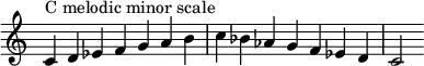 {
\override Score.TimeSignature #'stencil = ##f
\relative c' {
\clef treble \time 7/4
c4^\markup { C melodic minor scale } d es f g a b
c bes aes g f es d
c2
}
}
