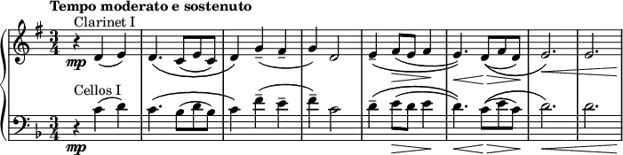  {\new PianoStaff {<<

\new Staff \relative c' {\set Staff.midiInstrument=#"clarinet" \time 3/4 \set Score.tempoHideNote = ##t \tempo "Tempo moderato e sostenuto" 4=100 \autoBeamOff \transposition bes \clef treble \key g \major ^\markup {Clarinet I}|\mp r4 d4( e4)|d4. \( c8[( e8 c8])|d4\) g4--(fis4--|g4) d2|e4-- \( fis8[\> ( e8] fis4\! e4.) \) \< d8[( \> \( fis8 d8]\! ) e2.\) \< e2.*5/6 s8\!|}

\new Staff \relative c' {\set Staff.midiInstrument=#"cello" \time 3/4 \set Score.tempoHideNote = ##t \tempo "Tempo moderato e sostenuto" 4=100 \autoBeamOff \clef bass \key f \major ^\markup {Cellos I}|\mp r4 c4( d4)|c4. \( bes8[( d8 bes8])|c4\) f4--(e4--|f4--) c2|d4-- \( e8[\> ( d8] e4\! d4.) \) \< c8[( \> \( e8 c8]\! ) d2.\) \< d2.*5/6 s8\!|}>>}}