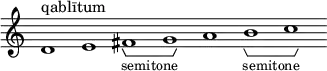 \new Staff \with { \consists Horizontal_bracket_engraver \remove "Time_signature_engraver" \remove "Bar_engraver" }
\relative c' {
d1^"qablītum" e fis -\tweak HorizontalBracketText.text "semitone"\startGroup g\stopGroup a b-\tweak HorizontalBracketText.text "semitone"\startGroup c\stopGroup }