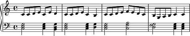 
{
      \new PianoStaff <<
        \new Staff <<
            \relative c' {
                \clef treble \key c \major \time 4/4
                c8 c d e c e d4 c8 c d e c4 b c8 c d e f e d c b g a b c4 c
                }
            >>
        \new Staff <<
           \set Score.tempoHideNote = ##t \tempo 4 = 120
           \clef bass \key c \major \time 4/4
           \new Voice \relative c {
                <c e g>2 <c e g>4 <b d g>4 <c e g>2 <c e g>4 <d g> <c e g>2 <c f a> <d f g> <c e g>4 <c e g>
                }
            >>
    >> }
