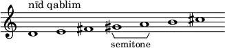 \new Staff \with { \consists Horizontal_bracket_engraver \remove "Time_signature_engraver" \remove "Bar_engraver" }
\relative c' {
d1^"nīd qablim" e fis gis-\tweak HorizontalBracketText.text "semitone"\startGroup a\stopGroup b cis }