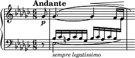 
\new PianoStaff <<
\new Staff = "Up" \with { \magnifyStaff #3/4 } <<
\new Voice \relative c' {
\clef treble
\tempo "Andante"
\set Score.tempoHideNote = ##t \tempo 4. = 60

\time 6/8
\key ees \minor
\partial 8
ges'8 \p \dynamicUp ges4.^(~ges4 \< f16 ees \! \hide r)
}
>>
\new Staff = "Down" \with { \magnifyStaff #3/4 } <<
\new Voice \relative c{
\clef bass
\key ees \minor
\stemUp
r8 bes'16_(ces a ces bes ges bes ces a ces bes \change Staff = "Up" \stemDown ees) s
}
\new Voice \relative c{
\clef bass
s8 ees2._\markup{\italic sempre \italic legatissimo}
}
>>
>>
