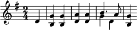 \header{ title = "Deutschlandsender" }

% https://rias1.de/audiokennung.htm#:~:text=Deutschlandsender
{
  \set Staff.midiInstrument = "orchestral harp"
  \key g \major \time 2/4 \partial 4
  d'4 <g' b>4 4 <a' d'>4 4 << { b'4. a'8 } \\ { g'4 d' } >> <g' b>
}
\midi {\tempo 4 = 90}
