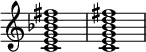 
{
\override Score.TimeSignature #'stencil = ##f
\relative c' {
   \set Score.tempoHideNote = ##t \tempo 1 = 20
   \clef treble
   \time 4/4
   \key c \major
   <c e g bes d fis>1 < c e g b d fis>
} }
